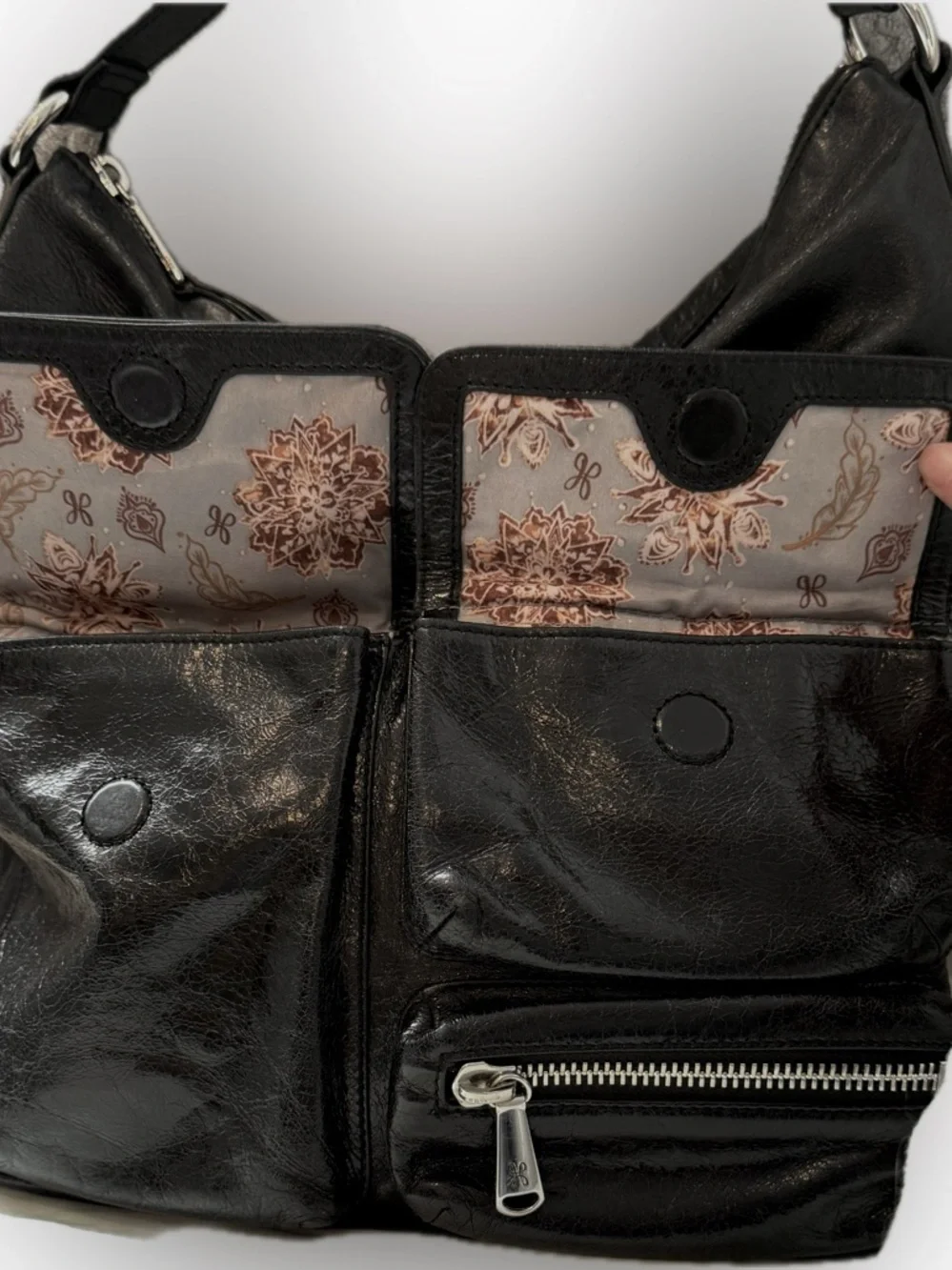 HOBO Black Leather Hobo Bag with Front Flap Pockets